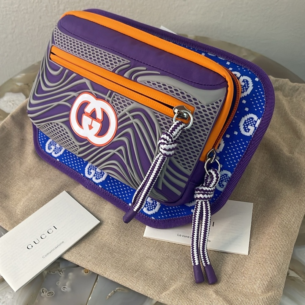 New, Authentic Gucci Nylon Belt Bag for Him Unisex Blue Orange Purple Signature